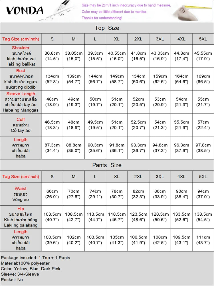 Plus Size 5XL VONDA Women Vintage Pant Sets Print Long Top and Wide Leg Pants Casual Loose 2pcs Two-piece Summer Bohemian Outfit