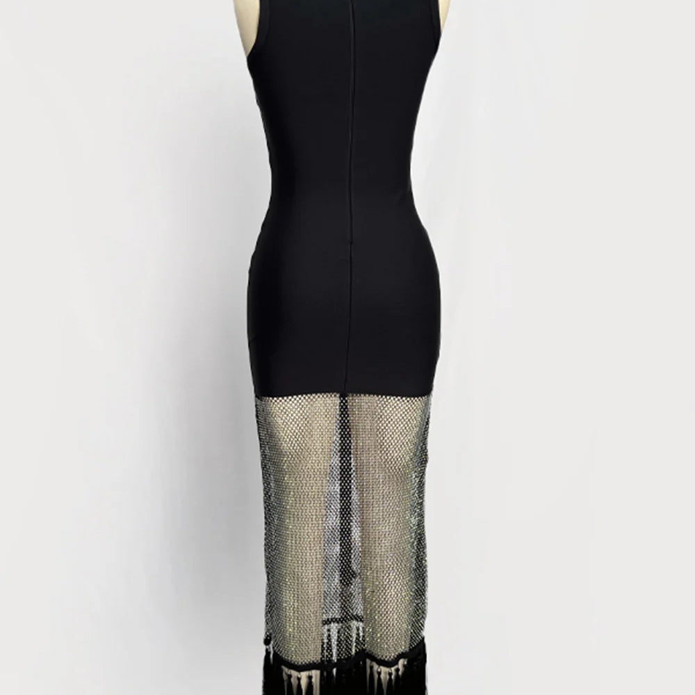 Black tassels Evening Party bandage Long Dresses Elegant Sleeveless Diamond Mesh Patchwork Maxi Dress Women 2025 Summer Vestidos
