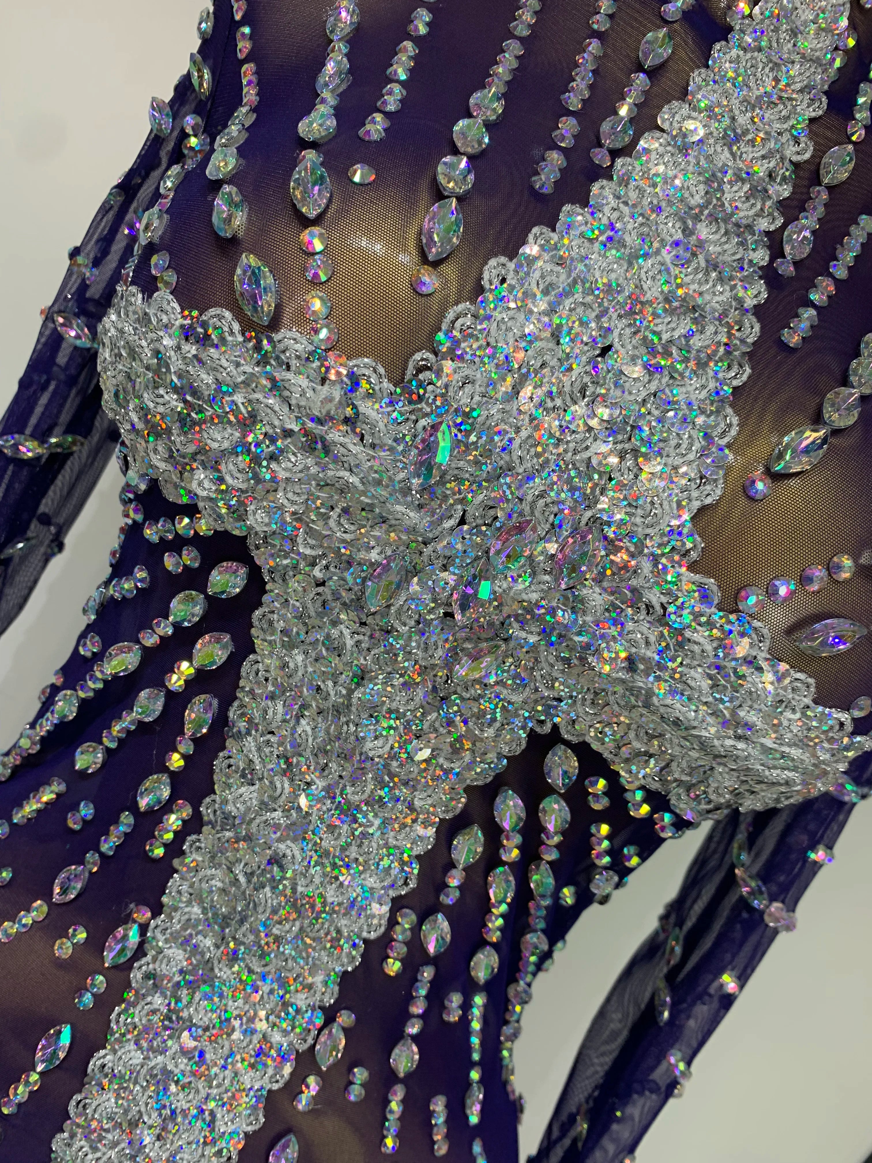 Sparkly Diamonds Mesh See Through Long Sleeves Mini Dress Women Eveing Birthday Party Sexy Nightclub Bar Singer Stage Costume