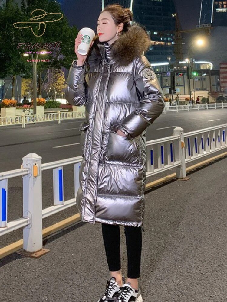 Woman Winter Parkas New Glossy Wash Free Down Cotton Jacket Below The Knees Long Style Hooded Fur Collar Thicken Women's Coat