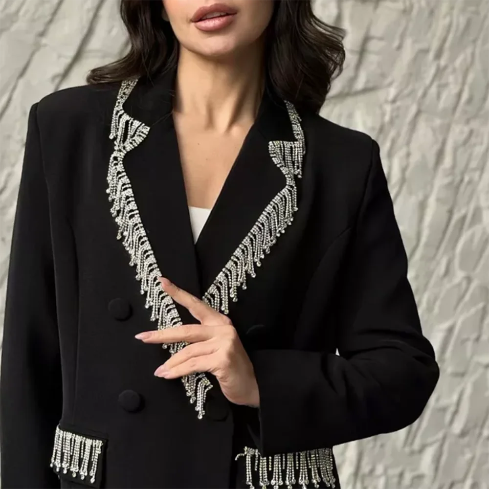Solid Spliced Tassels Elegant Jackets for Women Lapel Long Sleeve Patchwork Double Breasted Blazer Demale Clothing