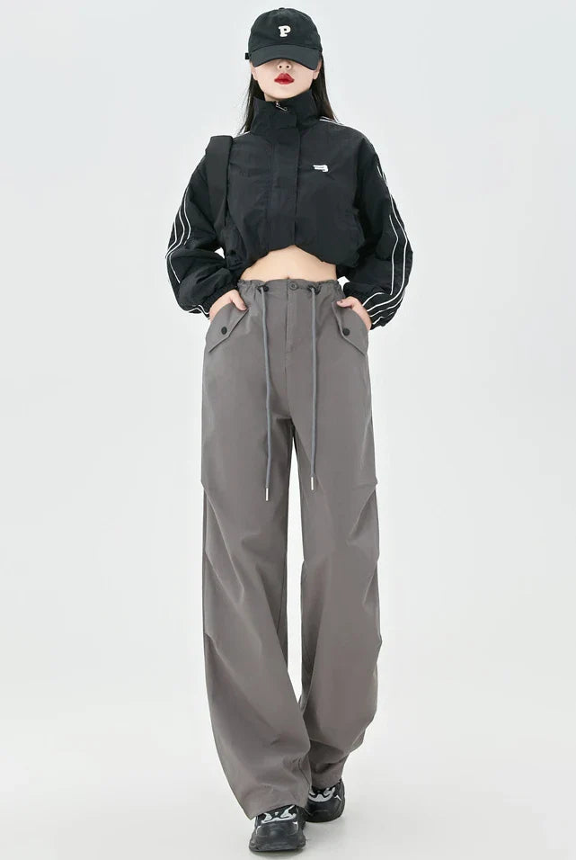 Women's High Street Casual Overalls 2000S Solid Color Loose Wide Leg Pants American Retro Punk Y2k Drawstring Cargo Pants GRAY