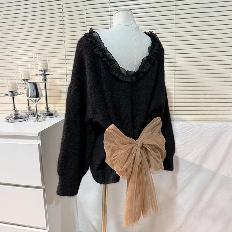 Autumn Winter New Design Backless Bow Knitted Sweater Top For Women Loose Soft Niche Pullover Female Trendy 11A07622 Black One Size