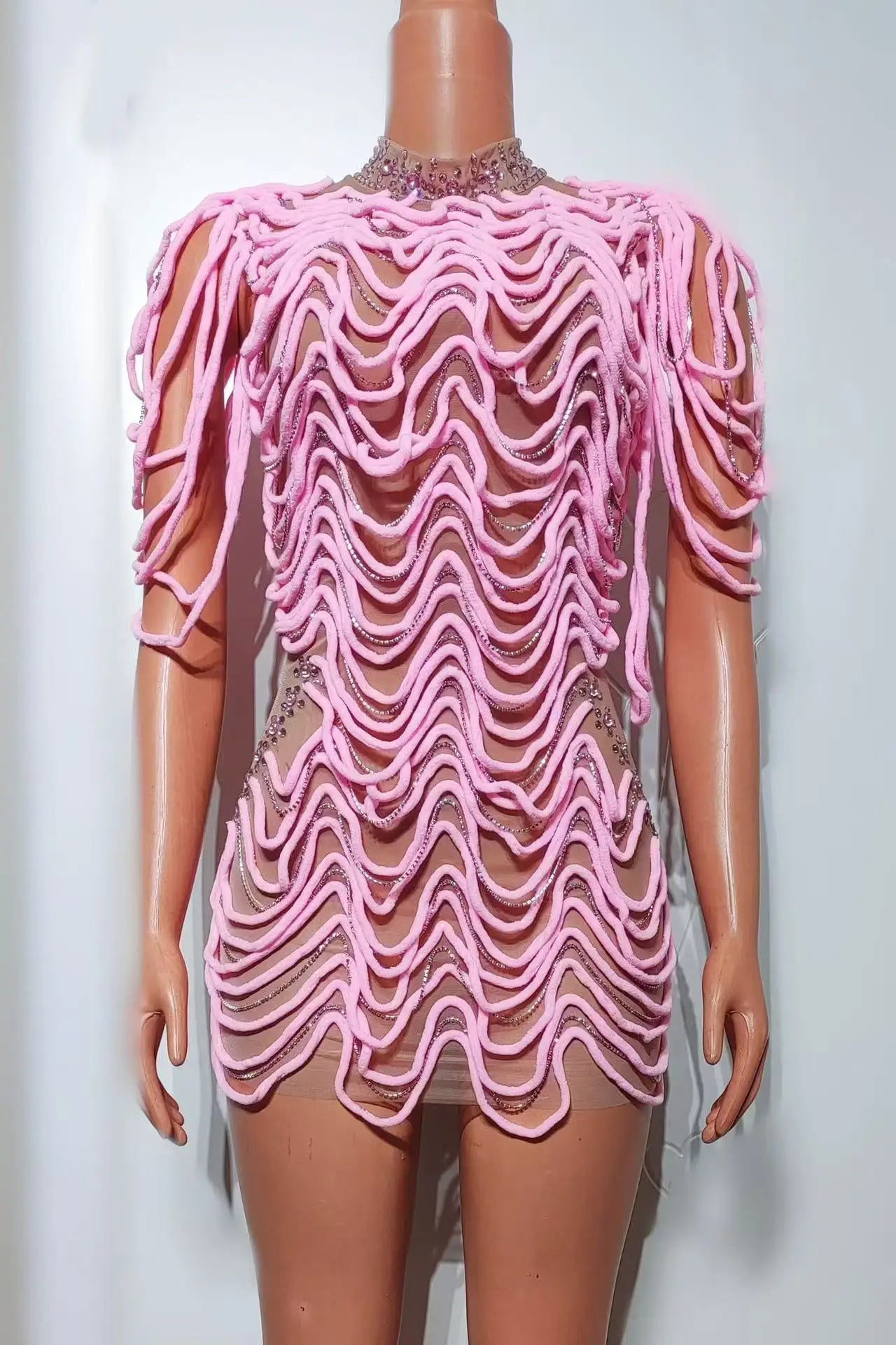 STOCK Women Sexy Mesh See Through Bodycon Mini Dress Celebrate Nightclub Party Performance Costume Stage Wear Birthday Outfit Pink