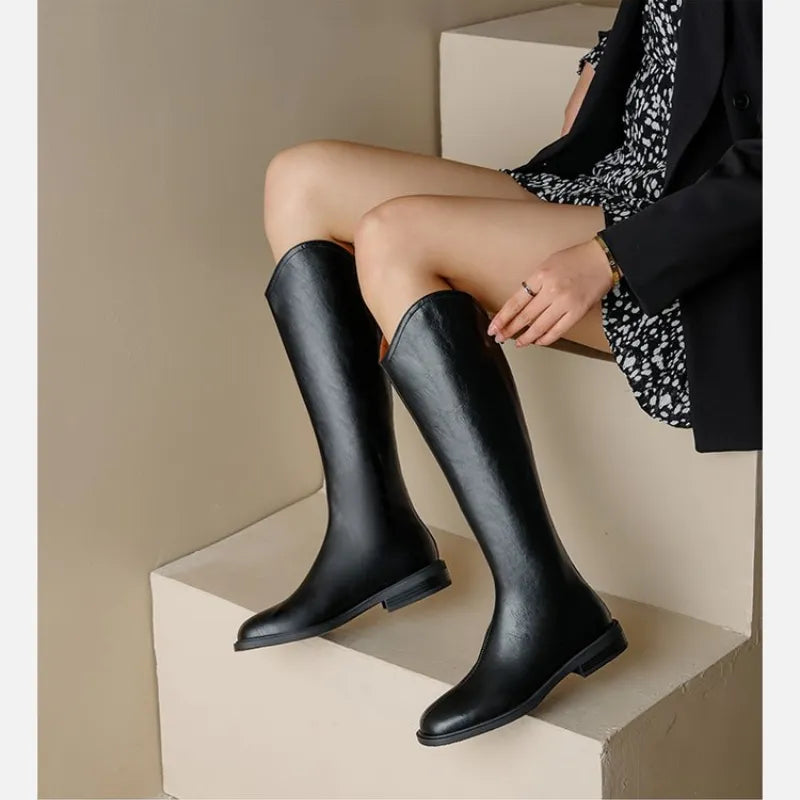 Women Knee-high Boots Leather Ladies Bootie Autumn and Winter Velvet Western Boots Goth Shoes