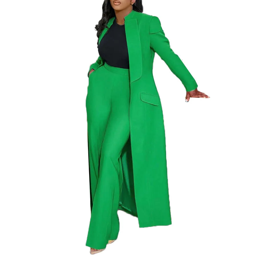 CM.YAYA Women's Set Full Sleeve X-Long Blazer Coat+ Long Pant Suit 2025 Spring Streetwear Two 2 Piece Set Africa OL Work Outfits Green