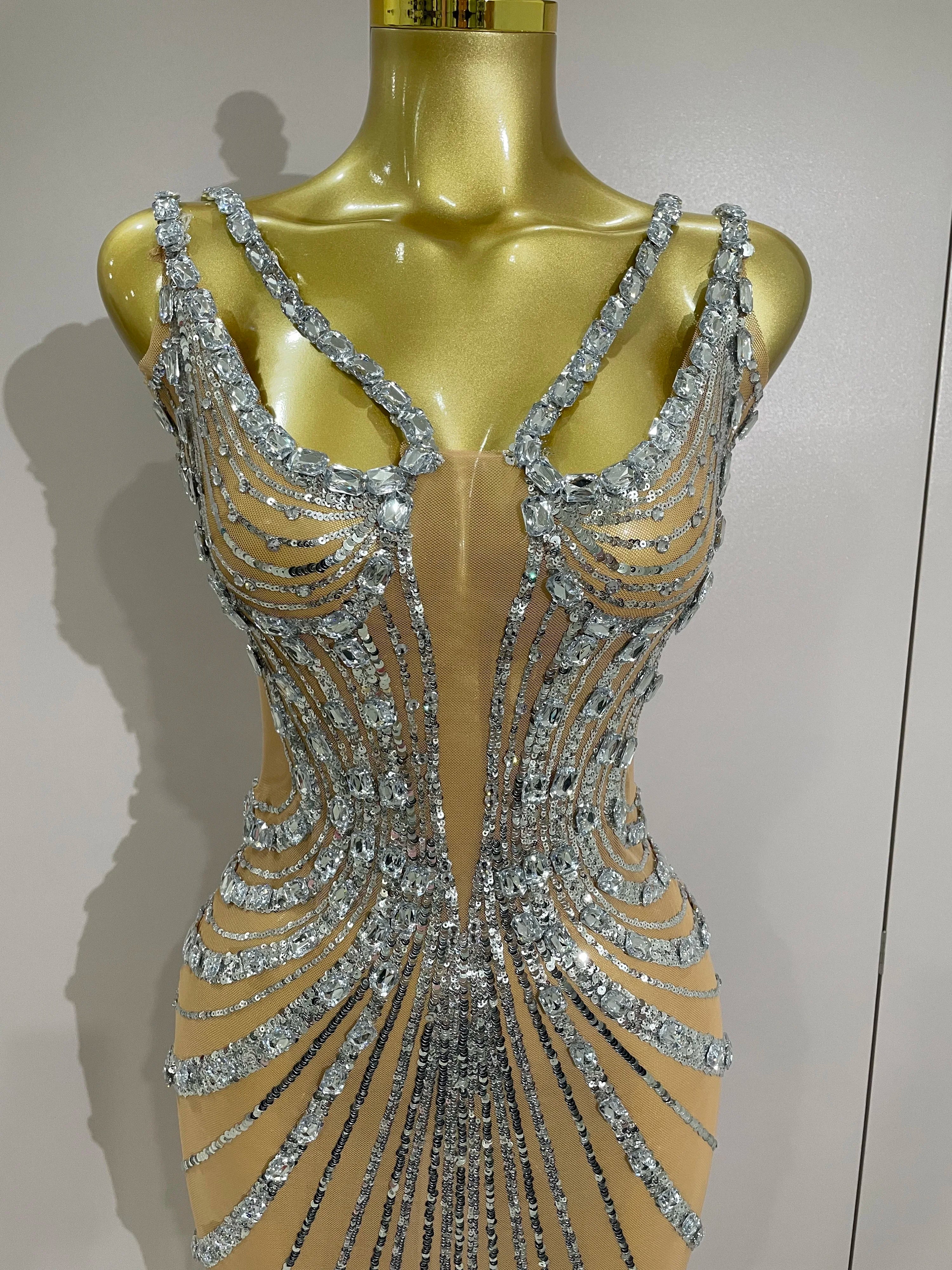 Luxury Sexy Silver Rhinestone Mesh See Through Long Dress 2025 New Women Birthday Party Prom Gown Singer Nightclub Stage Costume