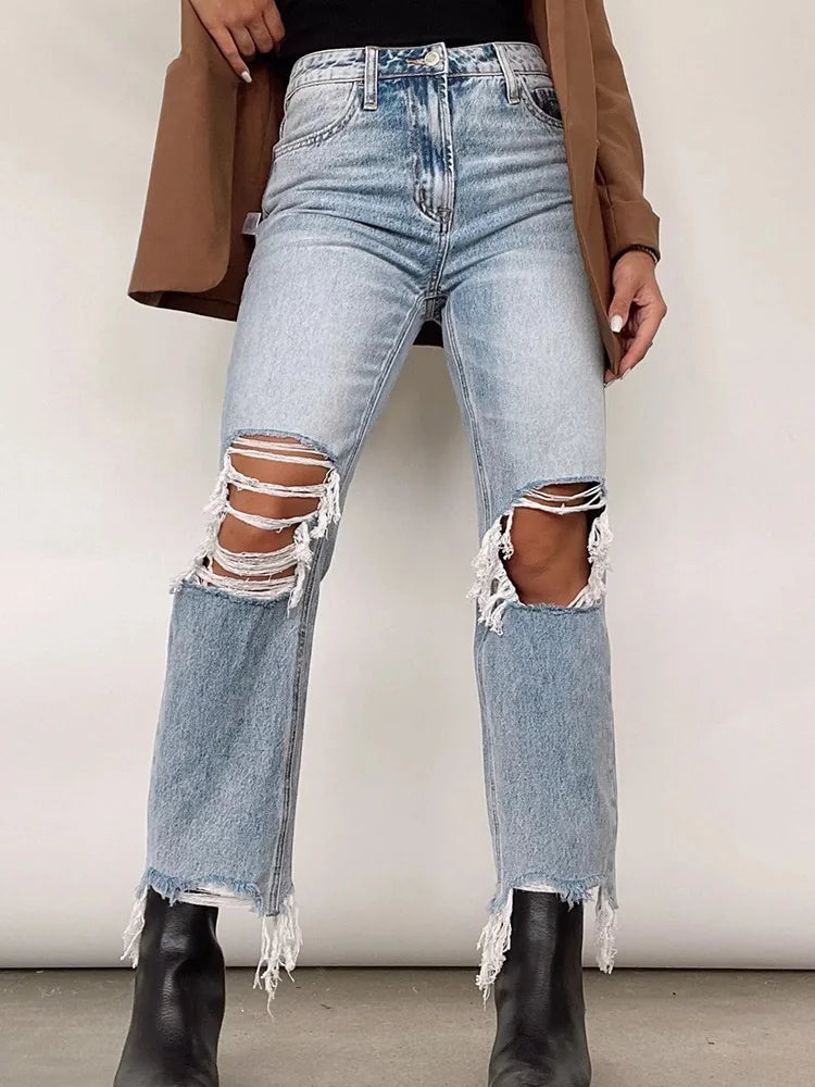 Summer Women Stretch Skinny Ripped Jeans High Waist Baggy Vintage Light Blue Girls Pants Narrow Straight Leg Fashion Trousers Blue