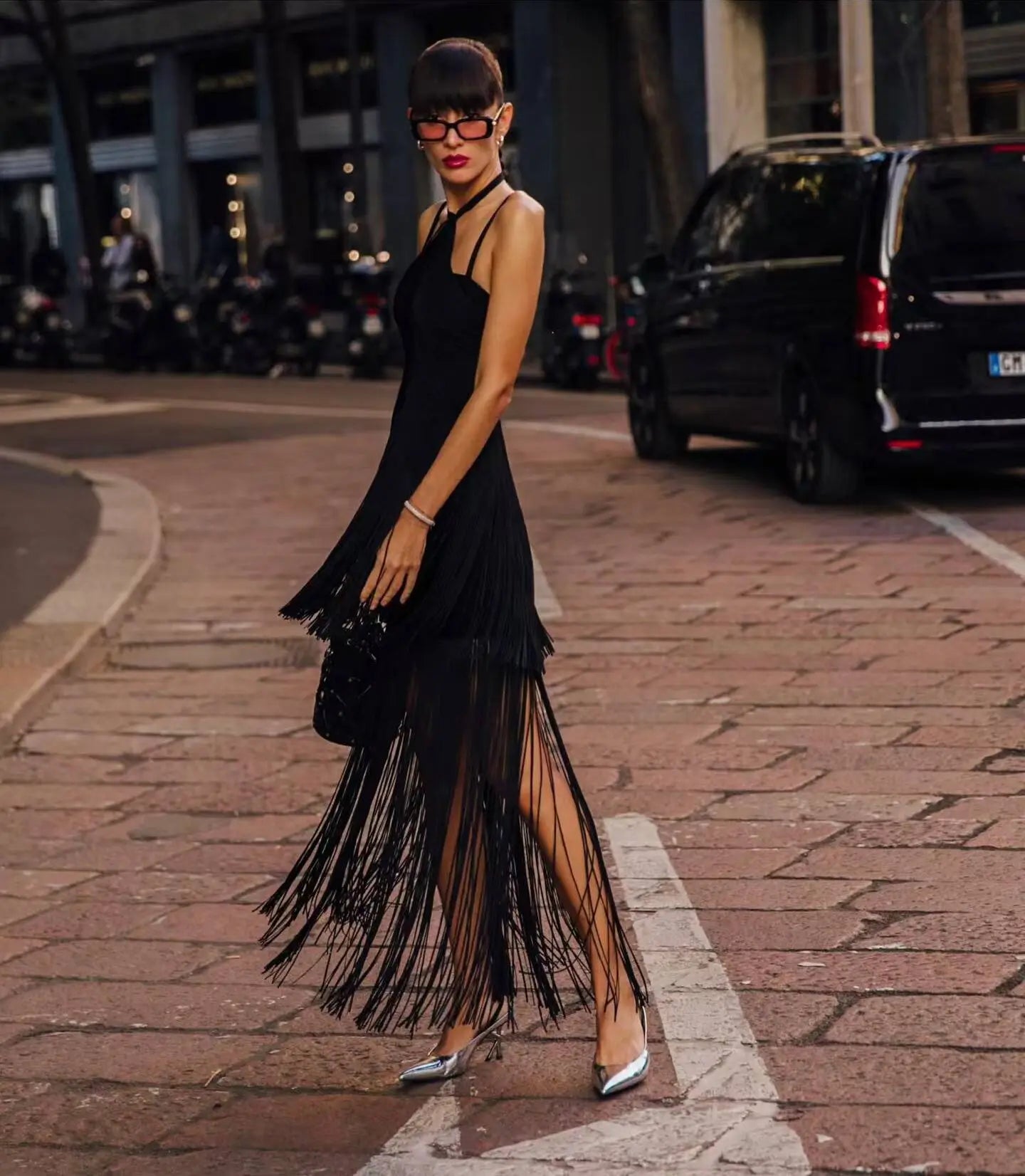 New Black Color Women Sleeveless Sexy Strap Long Tassel Bodycon Bandage Dress Celebrity Red Carpet Evening Party Outfit