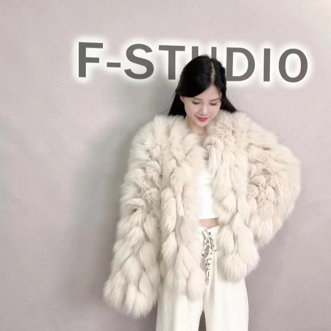 Women Winter Warm Luxury Fashion Full Sleeves V Neck Short Fur Jacket Real Fox Fur Coat Female Pluffy Outwear 8 One Size