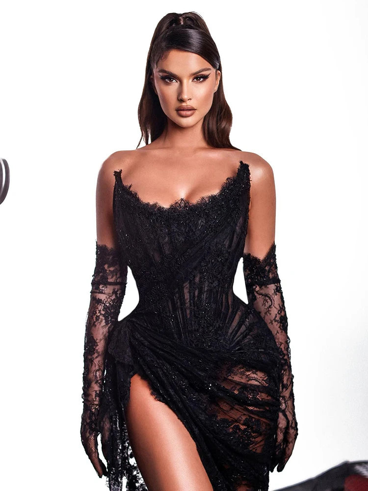Black Lace Maxi Dress Women Sexy Strapless Long Sleeve Gloves Design High Split Party Dresses Gowns