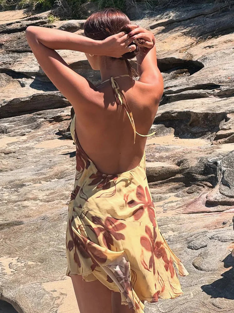 Mozision Halter Print Sexy Mini Dress For Women Robe Elegant Deep V Neck Sleeveless Backless Ruffled High Waist Beach Dress