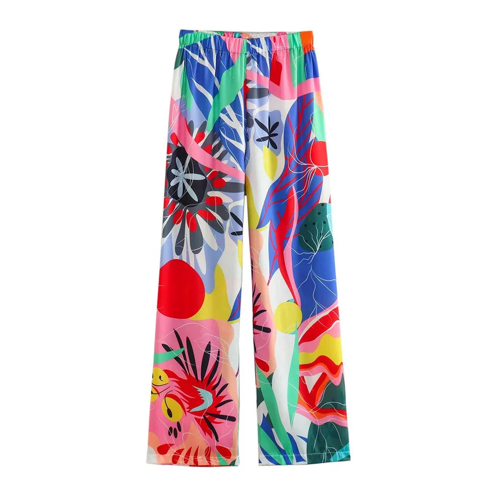 ZARATRASnew summer women's new trousers suit lapel loose silk texture shirt + positioning printed wide leg pants printed trousers