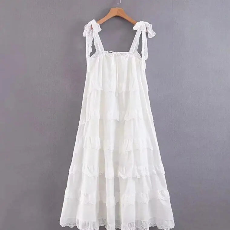 BOHO Stitching Lace Ruffles Tide Bow Spaghetti Strap Dress Ethnic Woman Slash Collar Long Big Swing Cake Dresses Holiay Robe WHITE One Size