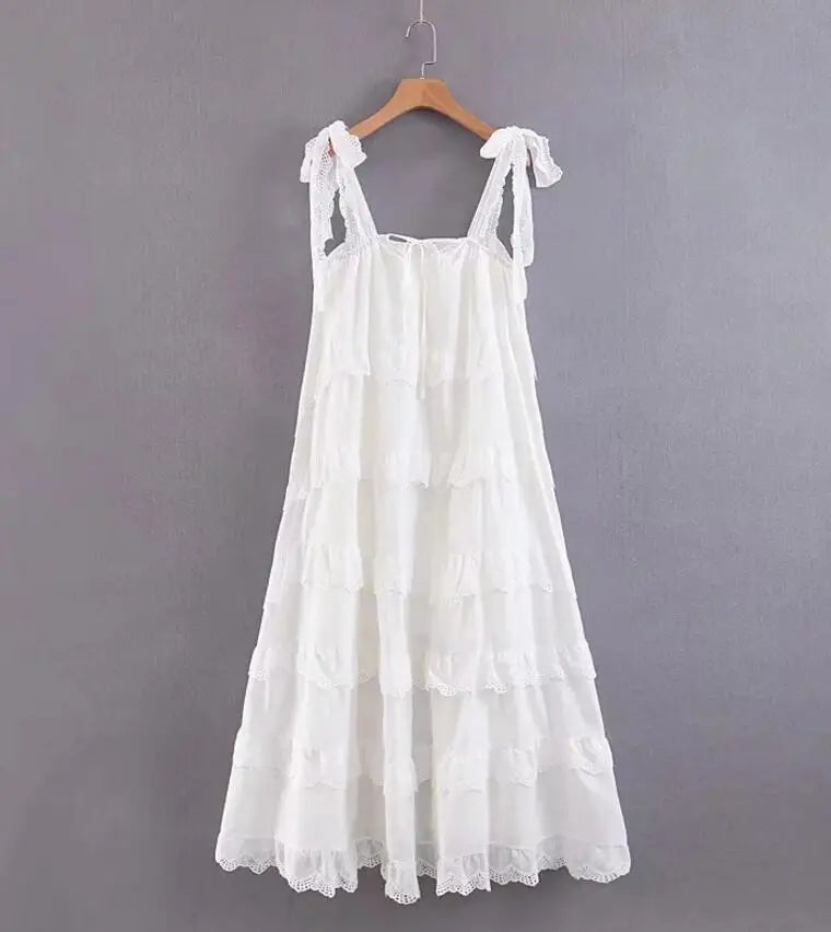 BOHO Stitching Lace Ruffles Tide Bow Spaghetti Strap Dress Ethnic Woman Slash Collar Long Big Swing Cake Dresses Holiay Robe WHITE One Size