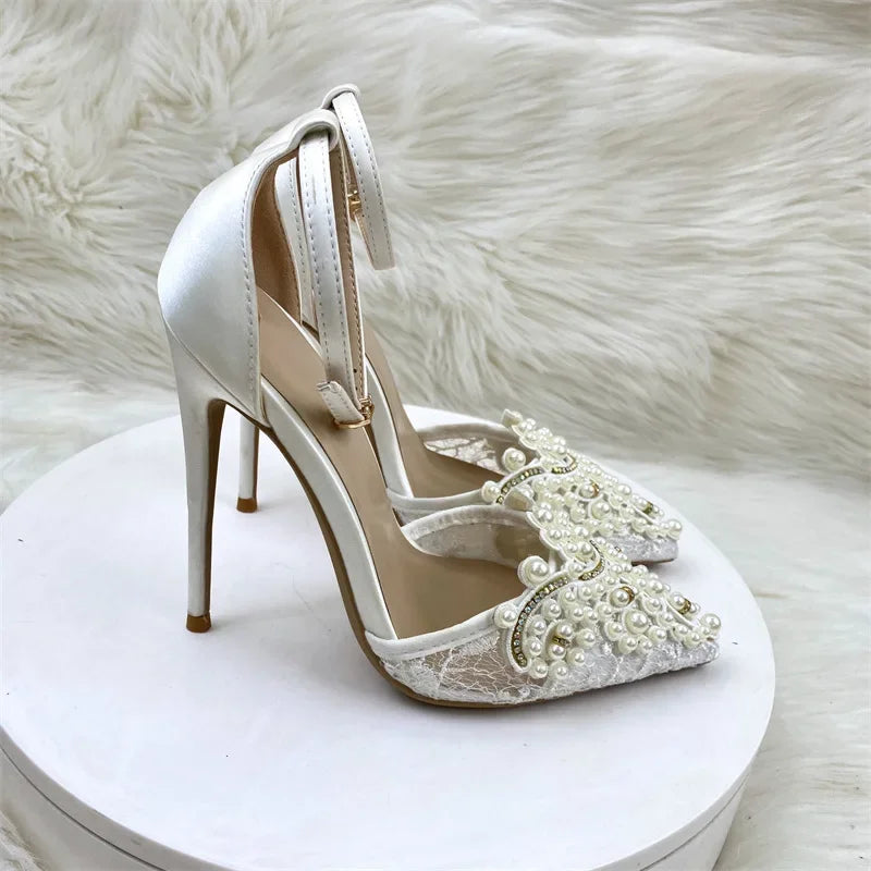 Pearl Mesh Sandals For Women Rhinestones Pointed Toe Lace High Heel Ankle Buckle Strap Fashion Shallow Shoes Plus Size 33-36