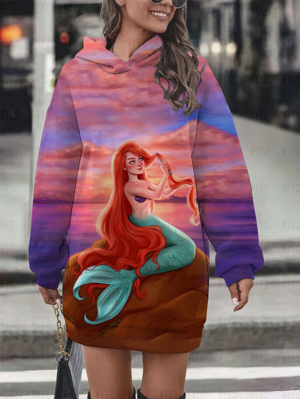 Women's Hoodie Dress Fall Fashion Print Long Sleeve Hooded Dress Women Disney Mermaid Women's Sweatshirt Streetwear YNSLMS017