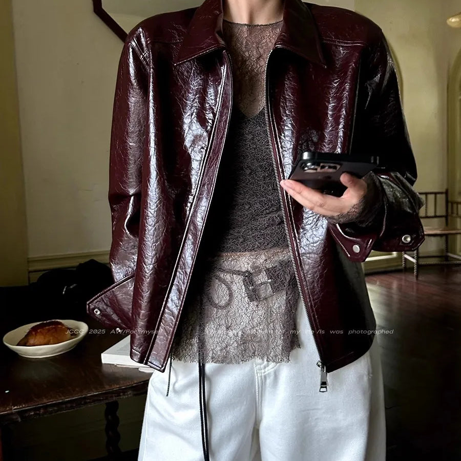 Lautaro Spring Autumn Short Pu Leather Jacket Women Zippper Turn-Down Collar High Quality Luxury Designer American Retro Clothes