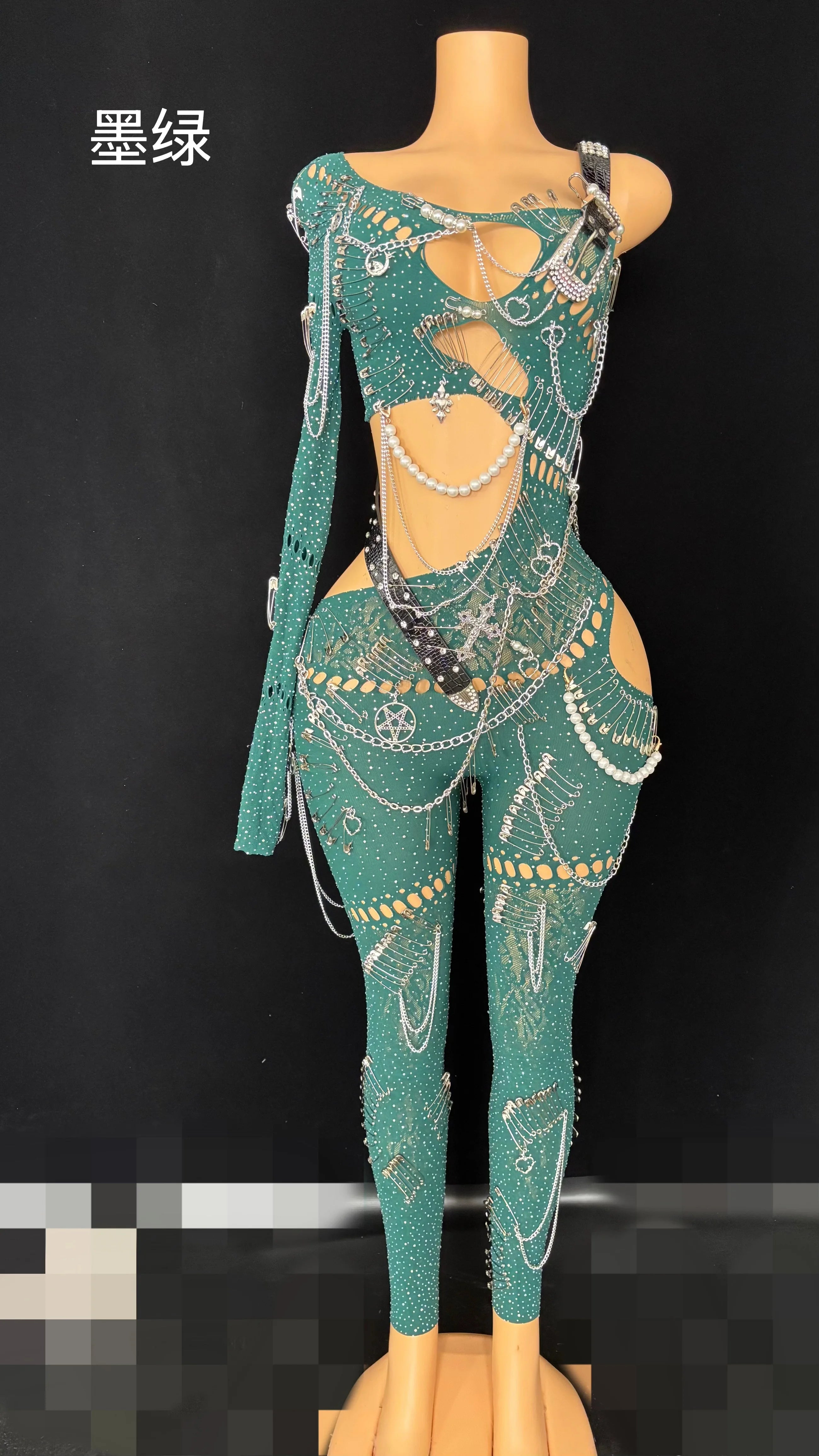 Sexy Shining Pearl Chain One Shoulder Hollow Out Jumpsuit 2025 New Women Birthday Party Nightclub Singer Performance Stage Wear green