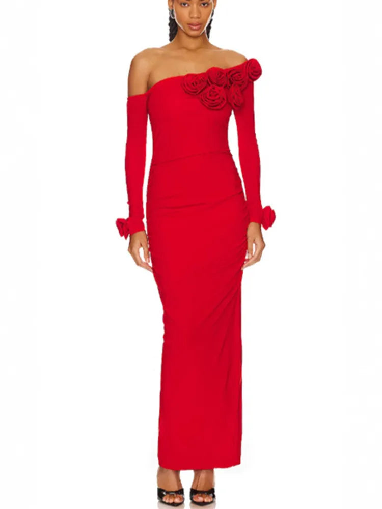 Women Celebrity Sexy Off Shoulder Flower Red Ruched Maxi Long Gowns Dress 2024 Elegant Evening Party Club Vestido Red