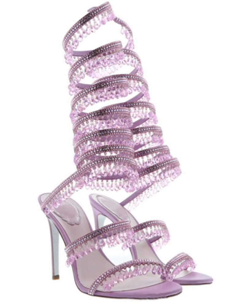 Women's New Rhinestone Sandals Fashion Tassel Crystal Shoes Sexy Nightclub Banquet Party Twining Stiletto Women's Sandals Purple long style