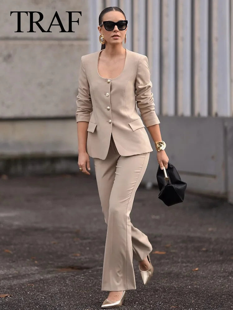 TRAF Spring Women's Khaki Office Lady Blazer Suit Single Breasted Jacket High Waist Women's Slightly Spicy Zipper Pants Set