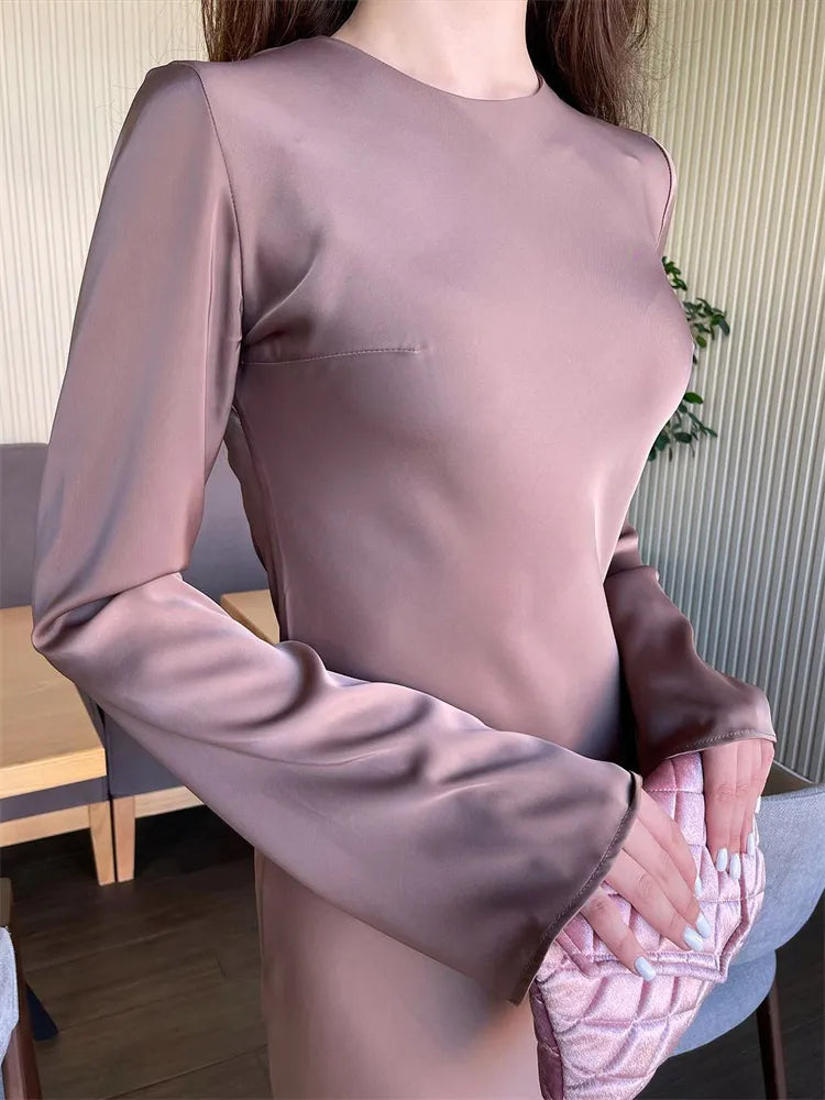 サテンファッションスリムマキシドレス女性のための長袖ハイウエストエレガントな固体パーティードレスカジュアル高級レディース秋のドレス
