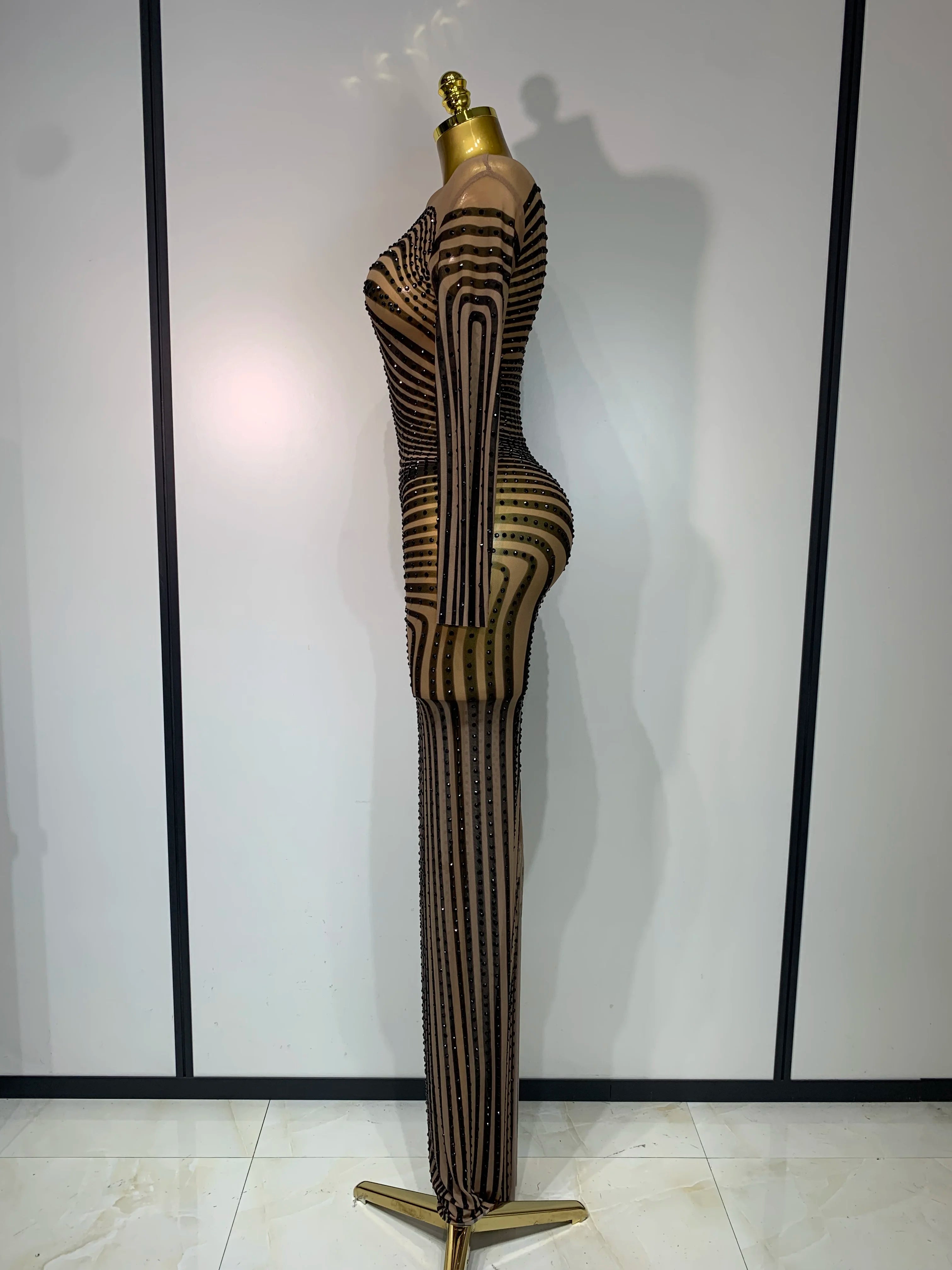 Women Sexy Mesh Perspective Shiny Diamond Dinner Dress Elegant Celebrity Evrning Party BirthdayDress Singer Stage Outfit