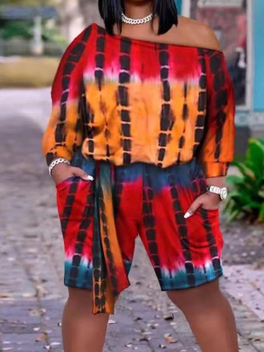 LW Plus Size shorts Two pieces sets casual long sleeve Tie Dye Bandage Top + Shorts Set 2024 NEW Spring summer Fashion 2pcs set Yellow