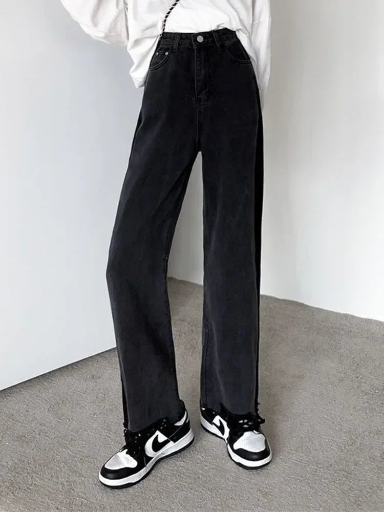 Korean Ankle Length New Hight Waist Side Stripe Straight Jeans Woman Baggy Big Size 5xl Wide Leg Denim Pants Spring black