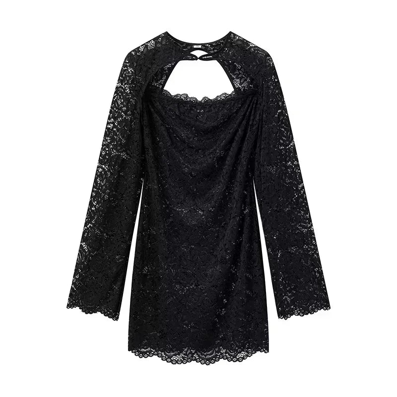 TRAF Lace Hollow Dresses Female Dresses Sumemr Mini Black Transparent Slim Lace Two Piece Set Dresses Coquette Prom Dress Luxury