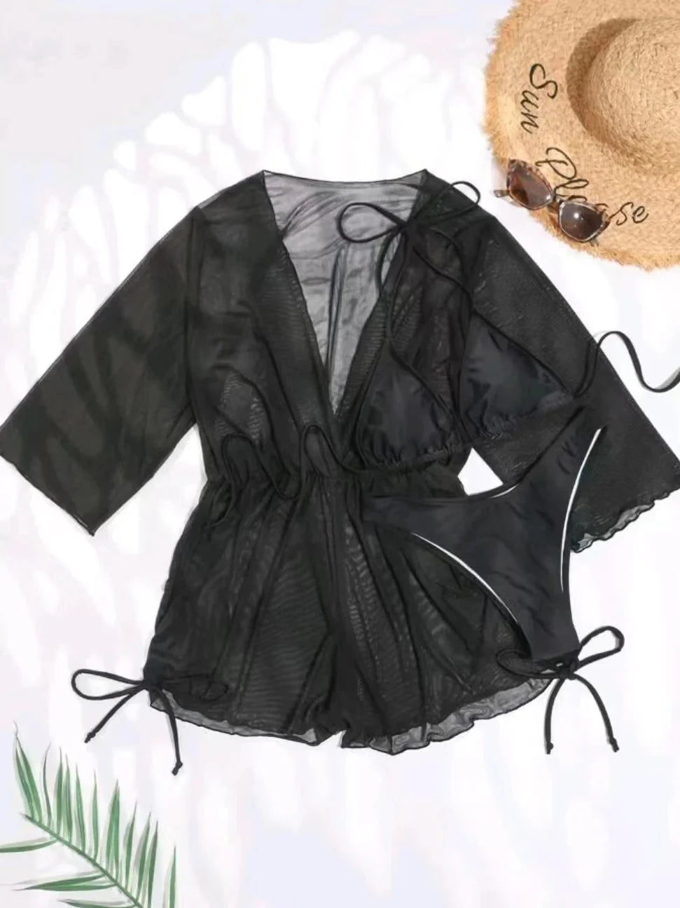 3 Pieces Bikini Tropical Print Swimsuit Halter Drawstring Side Swimwear Women 2023 Bathing Suit Female Swimming Summer Beachwear Black 2