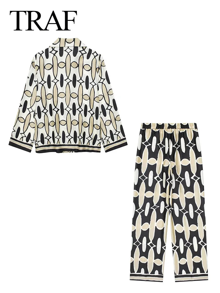 TRAF Women 2 Pieces Set Casual High Waist Pockets Elastic Waist Wide Leg Pant+Chic Printed Lapel Long Sleeve Shirt Blouse