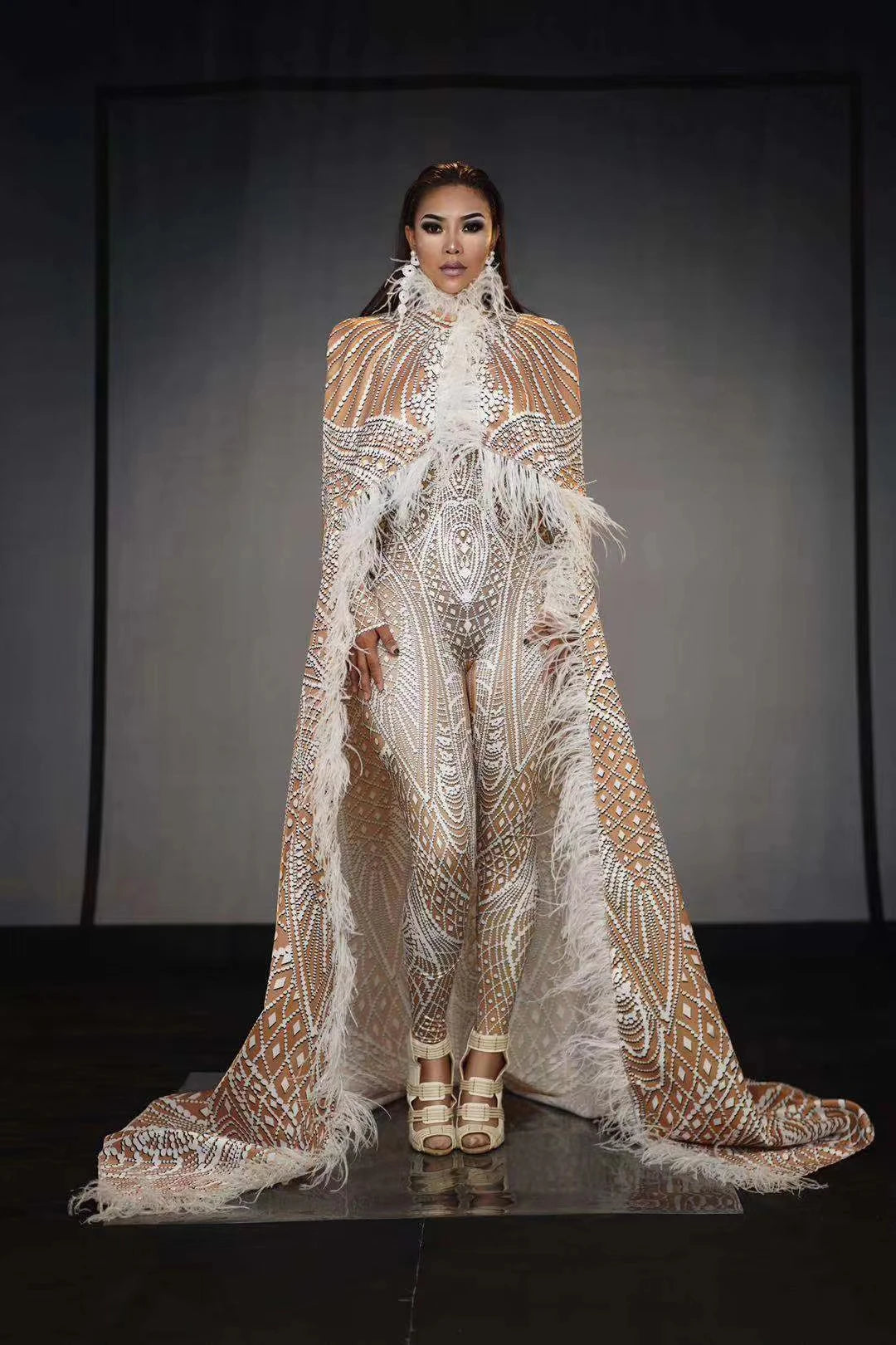 Fashion White Printed Tight Jumpsuit with Feather Long Cloak Unisex Stage Performance Dance Costume Set for Men And Women Xuenv Women One Size