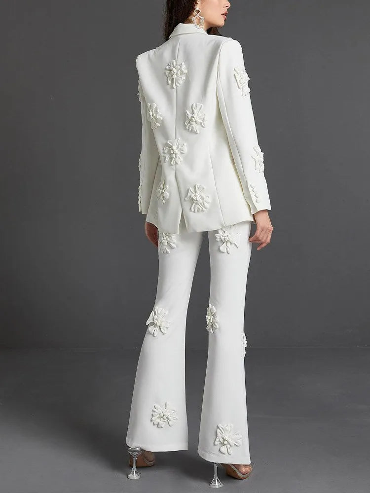 Solid Patchwork Appliques Two Piece Sets For Women Lapel Long Sleeve Coat High Waist Pant Chic Set Female Clothing