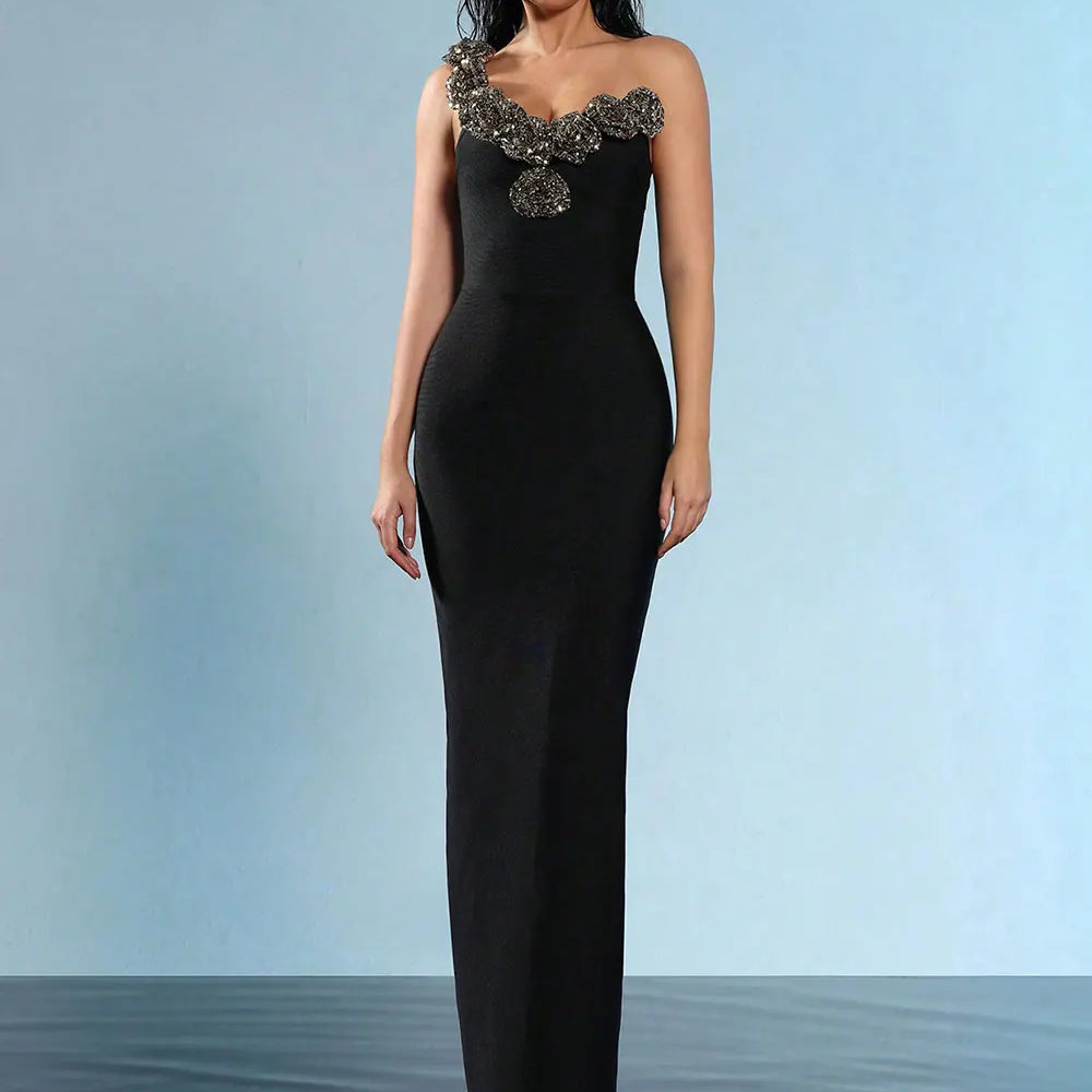 2024 Sexy Women's Light Luxury Sparkle Flower Design Bandage Dress One Shoulder Sleeveless Bodycon Long Dresses Party Vestidos black