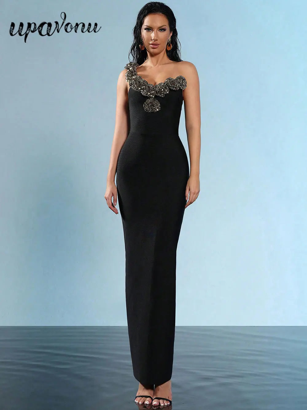 2024 Sexy Women's Light Luxury Sparkle Flower Design Bandage Dress One Shoulder Sleeveless Bodycon Long Dresses Party Vestidos black