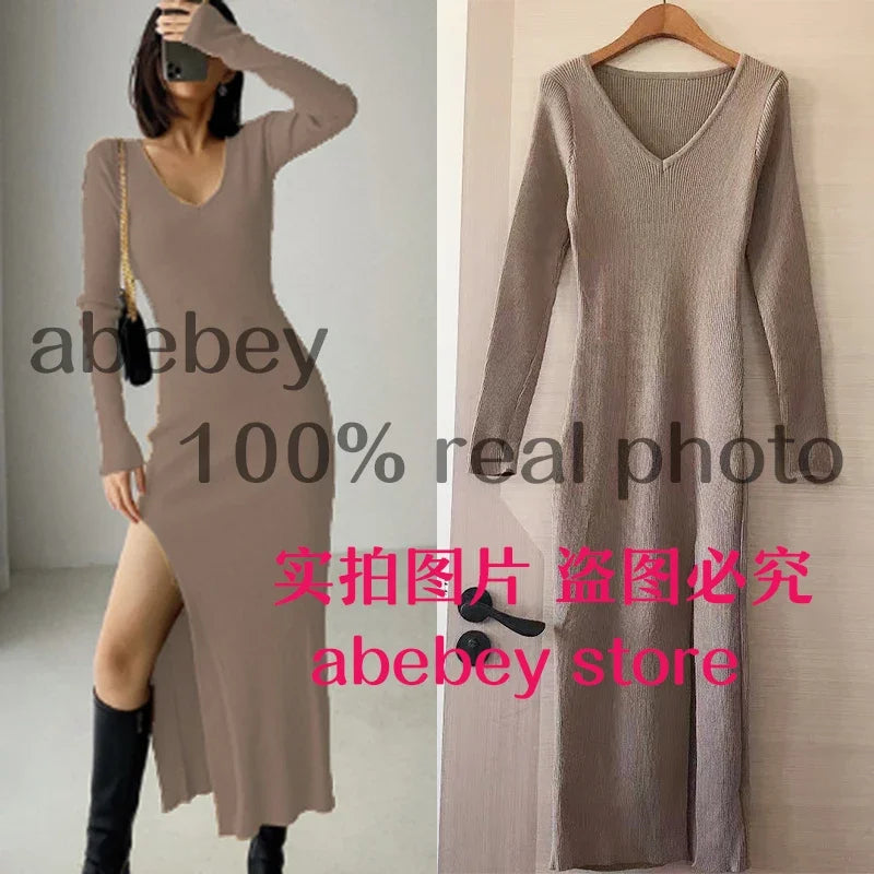 spring and winter sexy French slit sweater dress female slim tight-fitting hip-knit over-the-knee dresses Brown