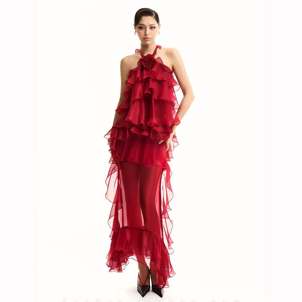 Women Gauze Perspective Irregular Elegant Long Party Dress New Ruffles Sleeveless Fashion Tide Summer 2025 Red