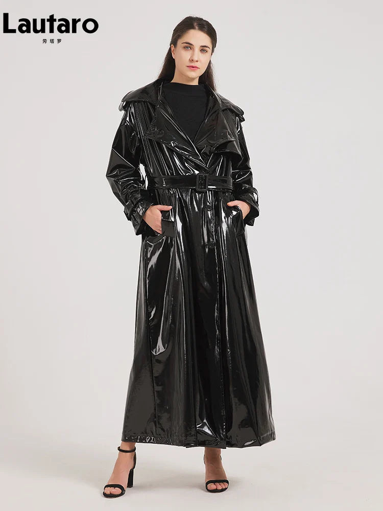 Spring Autumn Extra Long Black Shiny Reflective Soft Stretchy Patent Leather Trench Coat for Women Maxi Overcoat 2024 Black