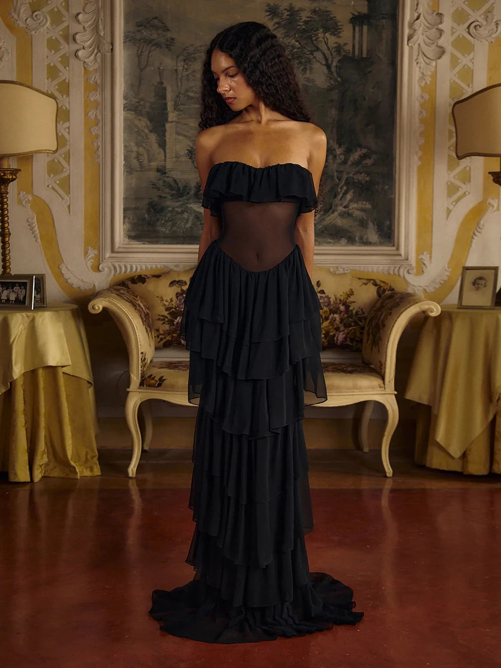 2025 Women Sexy Strapless Ruffle Slim Maxi Dress for cummerbund Elegant Sleeveless Lady Evening Party Gowns Female Robes