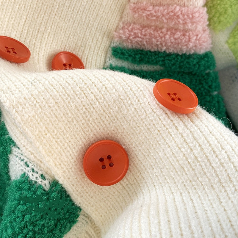 Women Rainbow Striped Colorful Cardigan Fall Winter Sweater V-Neck Knit Tops Dopamine Outfit