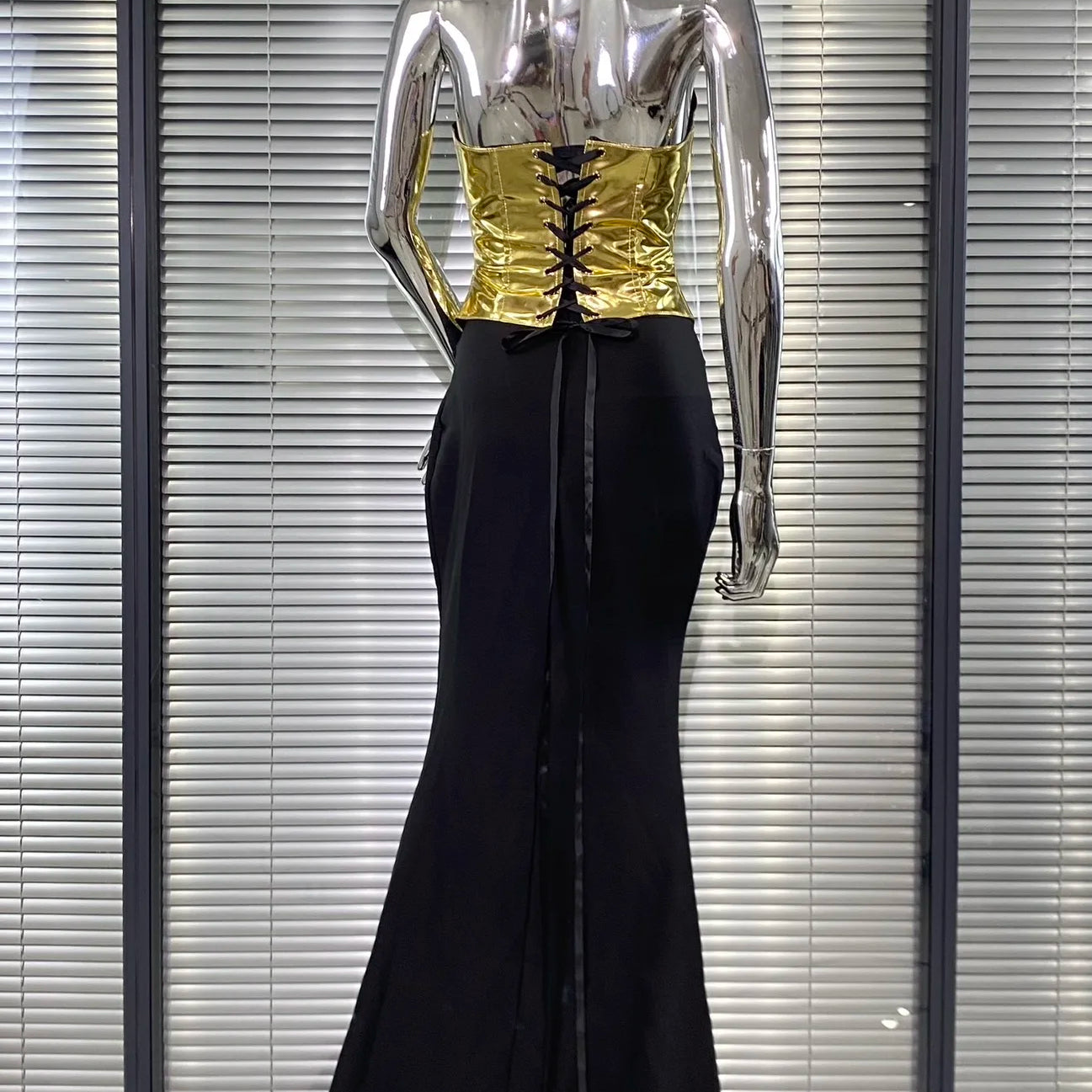 Women Sexy Gold Laced-up Tops Long Maxi Skirt Set Celebrate Evening Party Nightclub Fashion Cocktail Outfit Dress