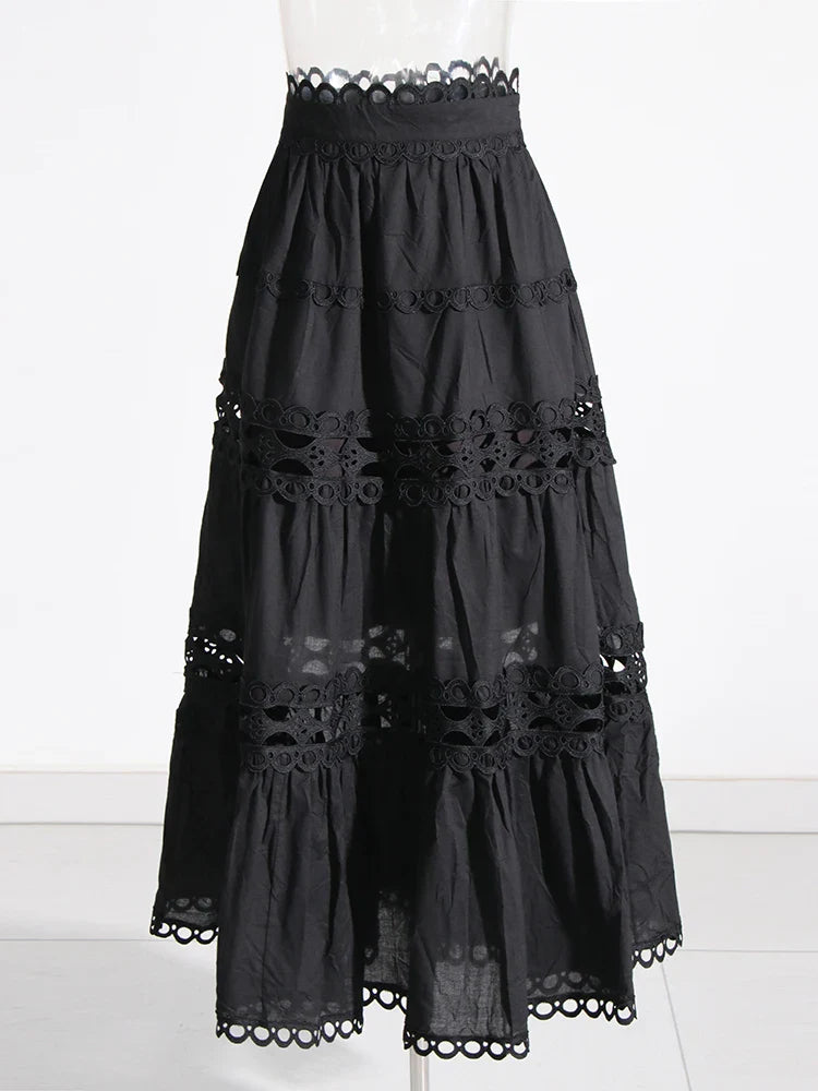 Elegant Two Piece Sets For Women Stand Collar Lantern Sleeve Tops High Waist Skirt Hollow Out Set Female Clothing