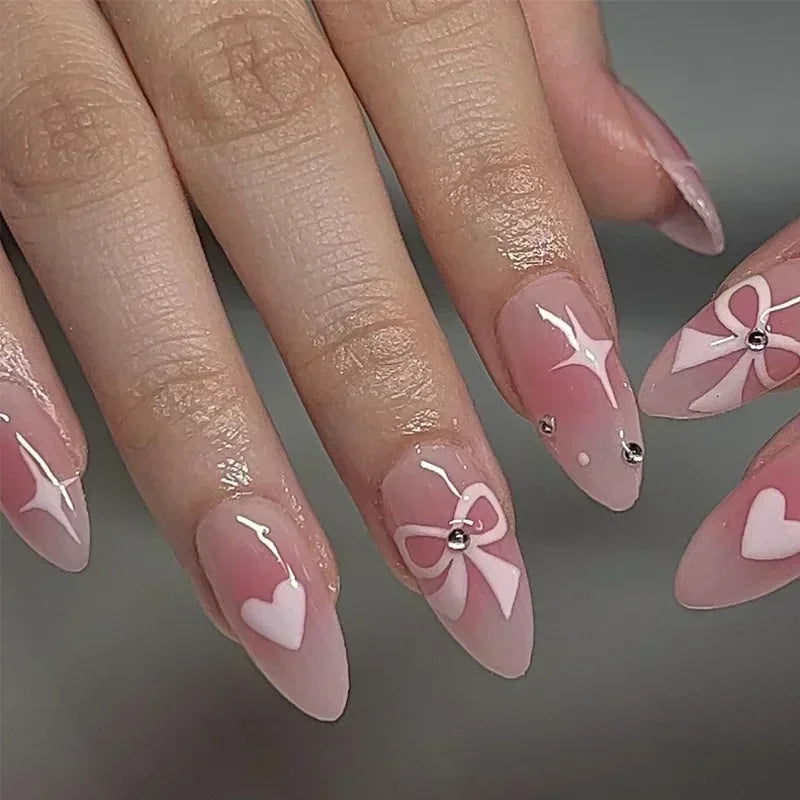 24pcs Short Almond Press on Nails 3D Flower Butterfly Fake Nails with Glue Colorful Natural Acrylic False Nails Full Cover Nails 17