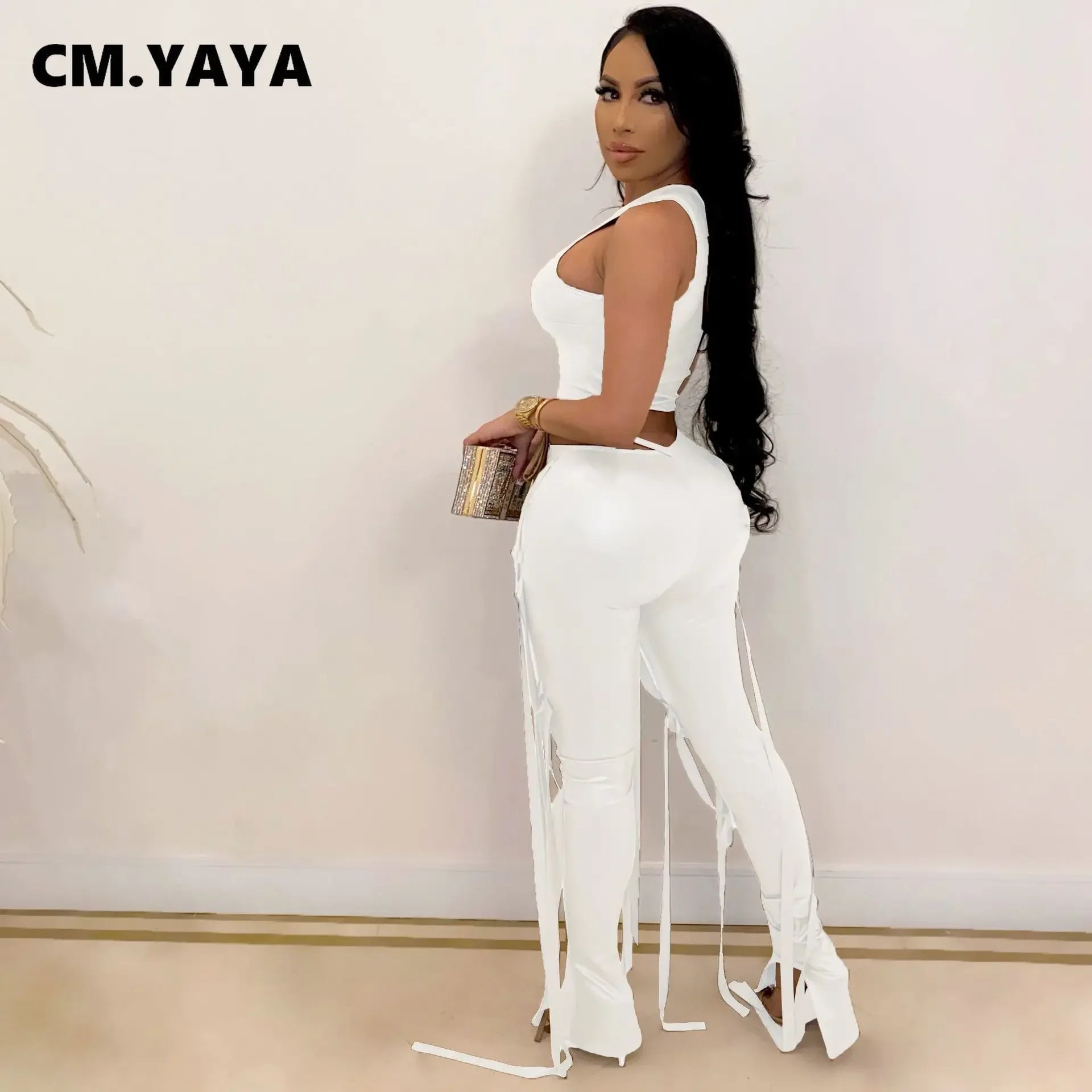 Faux Leather Women's Set Drawstring Lace Up Slit Leggings Pants Suit and Crop Top Street Tracksuit Two Piece Set Outfit