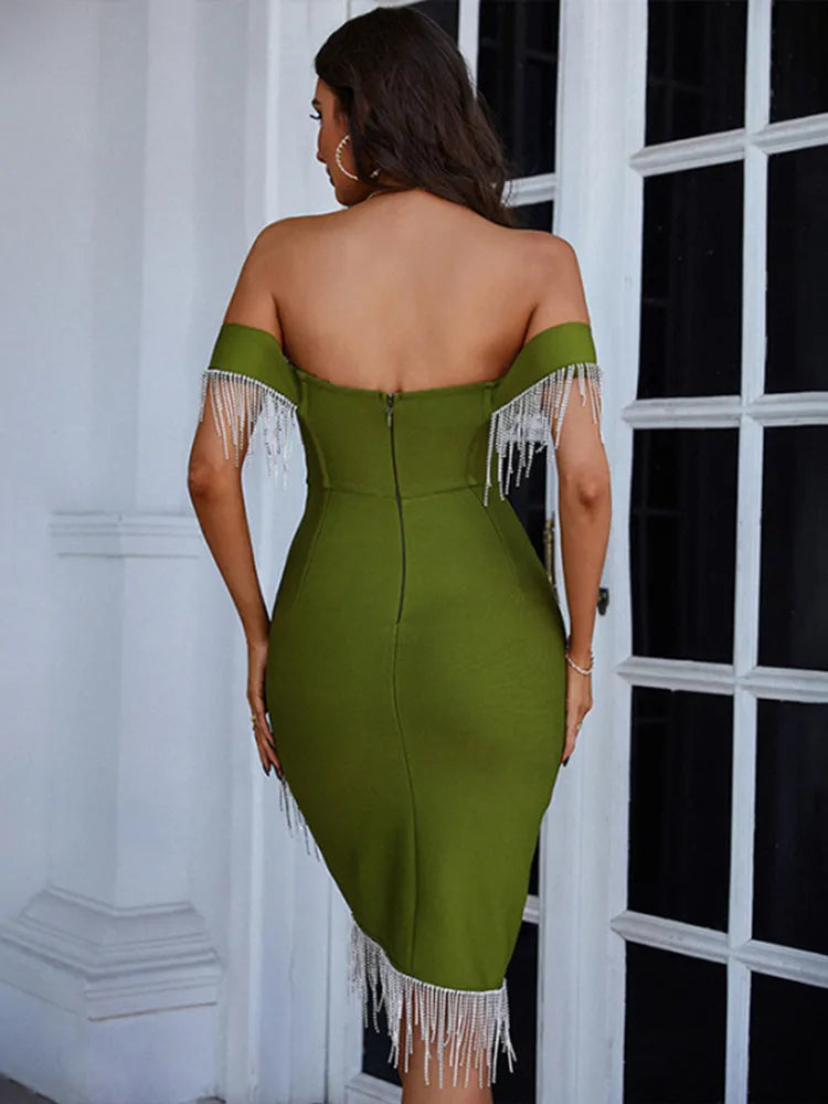 Summer Sexy Off Shoulder Army Green Red Diamonds Tassel Mini Bodycon Bandage Dress 2023 Elegant Evening Party Dress Vestido