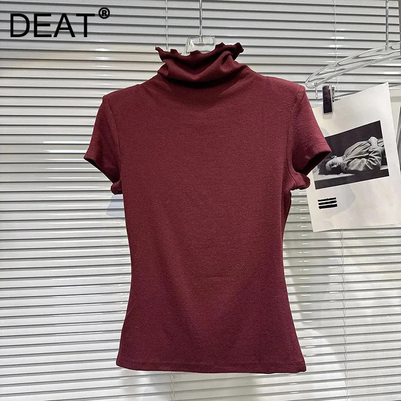 Winter New Fashion Solid Color Simple High Neck Shoulder Pad Short Sleeve T-shirt For Women Slim Fit Top 11A07774