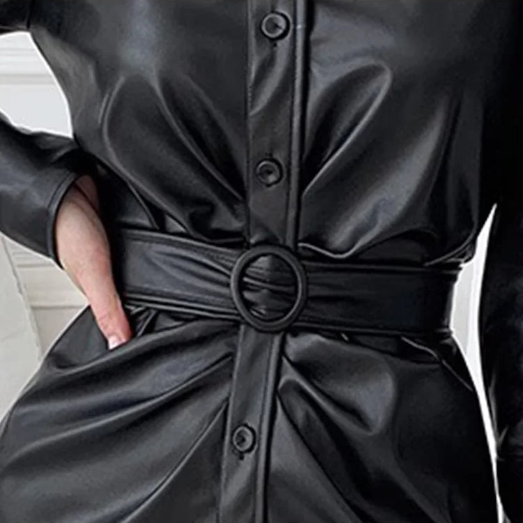 Lautaro Spring Autumn Long Fitted Soft Black Stretchy Pu Leather Shirt Dress Women Puff Sleeve Elegant Luxury Designer Clothes