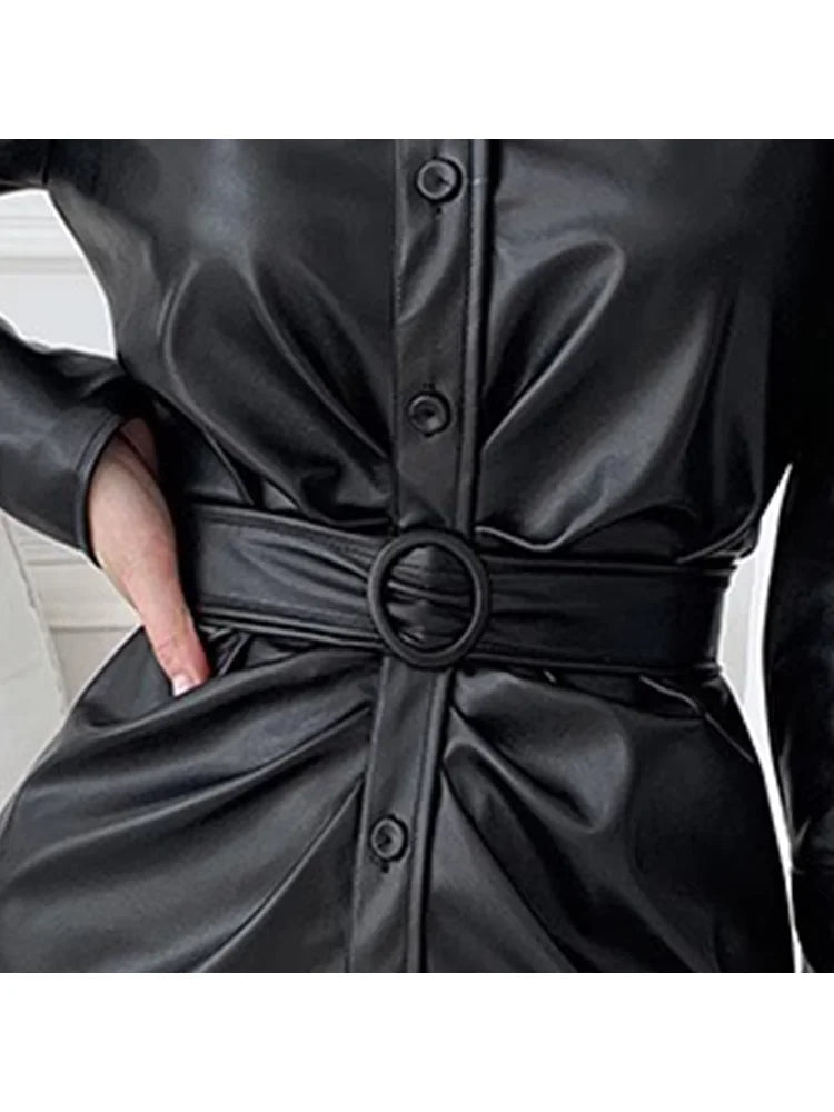 Lautaro Spring Autumn Long Fitted Soft Black Stretchy Pu Leather Shirt Dress Women Puff Sleeve Elegant Luxury Designer Clothes